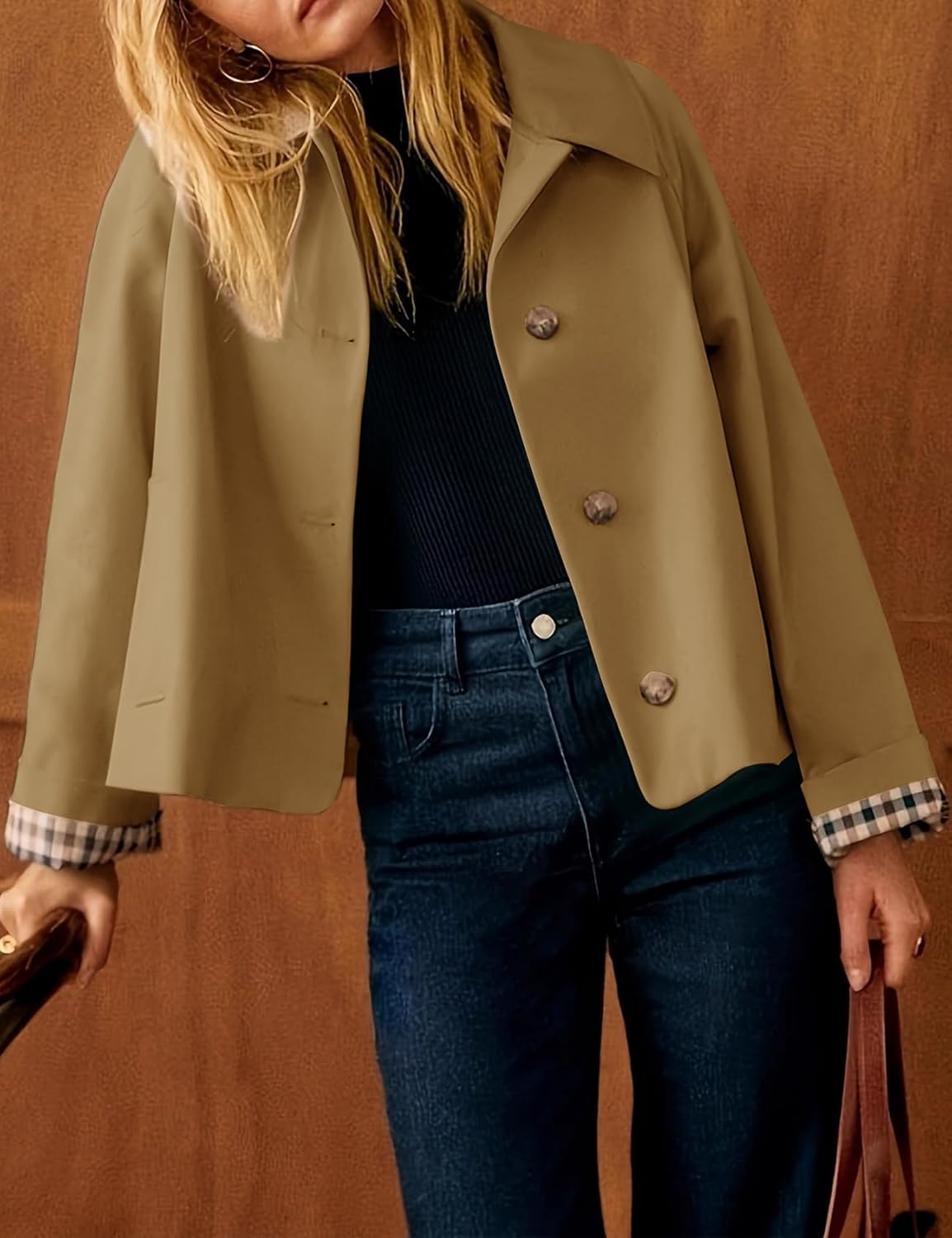 Flygo Womens Trench Coat Cropped Casual Jackets Oversized Button Down Long Sleeve Lapel Jacket Coats - Image 2