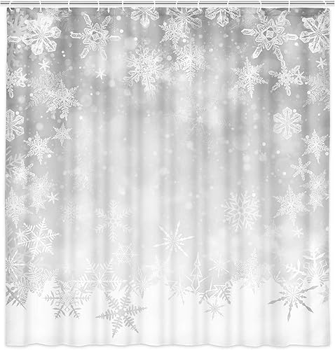 Miniatura 3 de NYMB Cortina de ducha de Navidad con copos de nieve, invierno, gris, blanco, para vacaciones, de tela, para baño, decoración con ganchos, 69 x 75