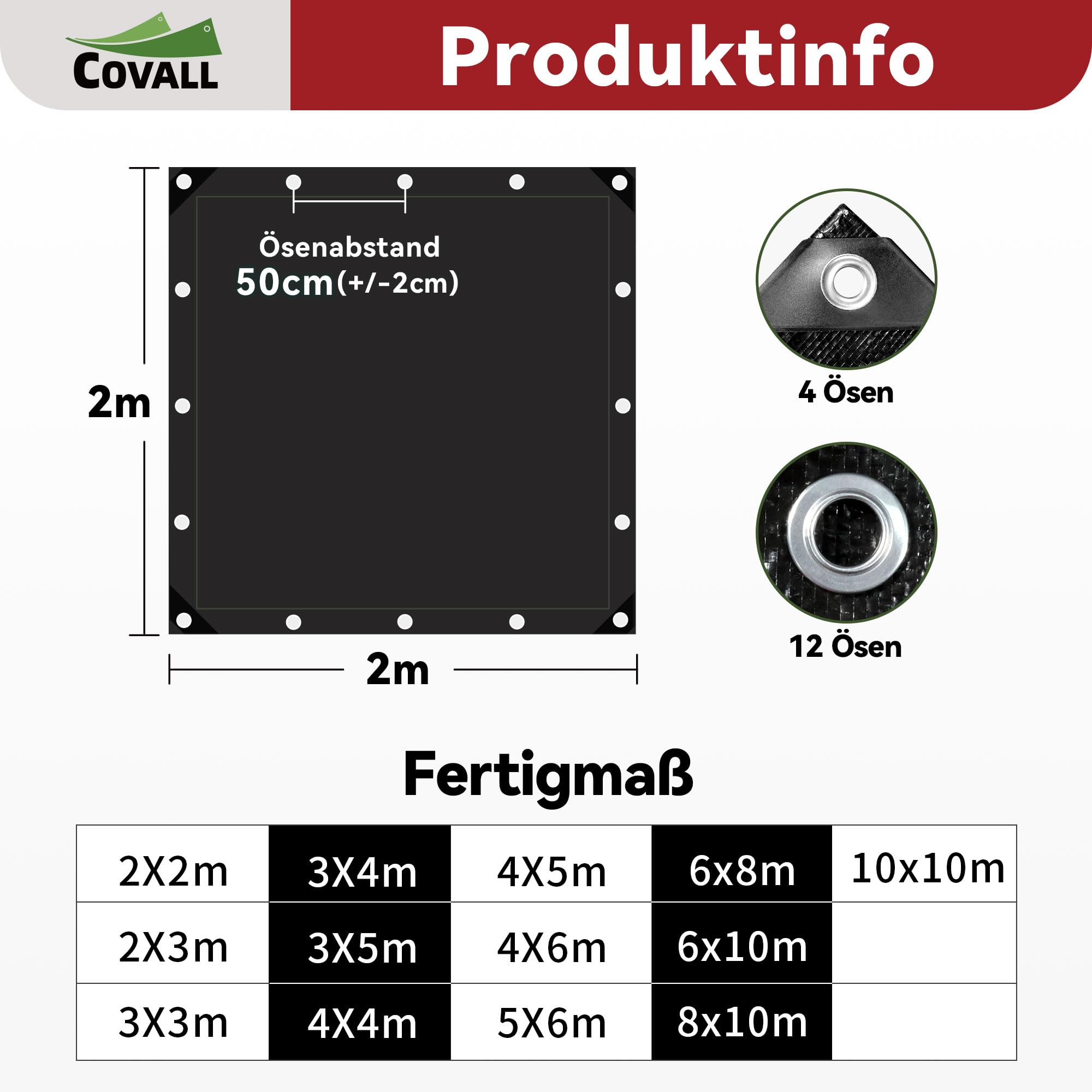 Abdeckplane 2x2m Schwarz Plane Wasserdicht | 115g/m² Stark & Verschleißfest | Wasserdicht UV-beständig Reißfest | PE-Plane Mit Ösen Für Camping, Garten, Auto & Trampolinabdeckung