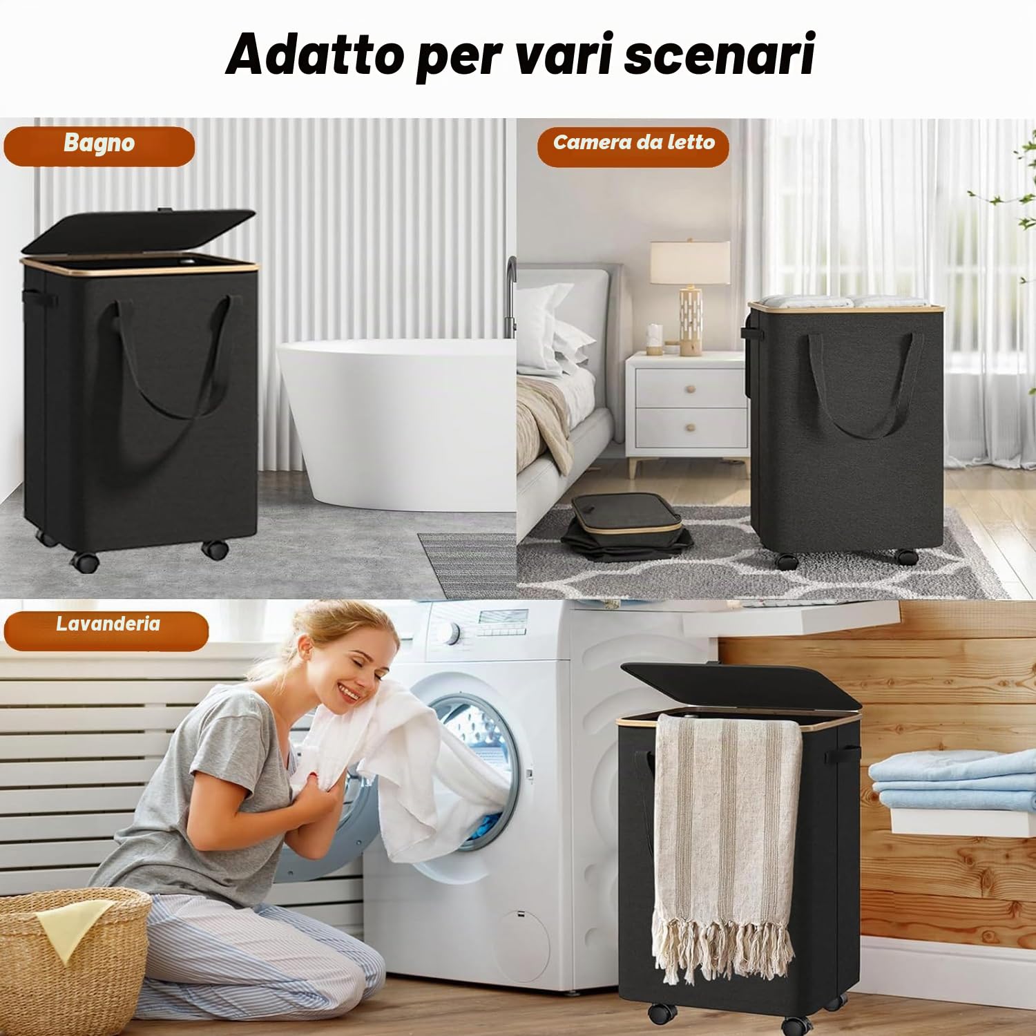 Cesto Portabiancheria con Coperchio,Cesto Biancheria Sporca con Ruote,Cesta per il Bucato Pieghevole e Borsa Rimovibile per Camera da Letto,Bagno,Lavanderia