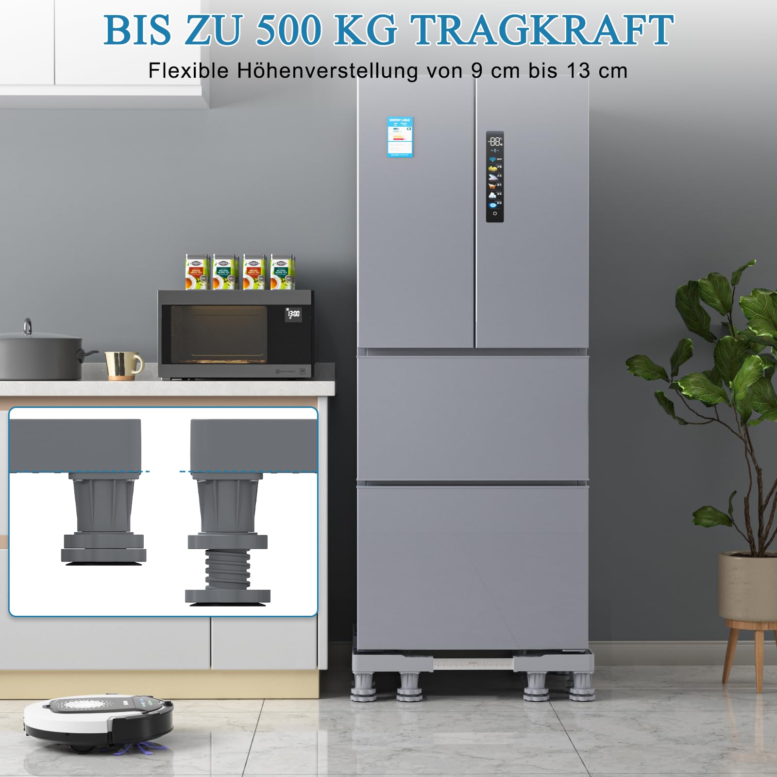 DEWEL 12 Füße Kühlschranksockel, podest für waschmaschine und trockner, Untergestell für Waschmaschine,Bärenlast 500kg,Geeignet für Kühlschränke,Waschmaschinen,Breite:46-60cm/Höhe 9cm-13cm(Gray)
