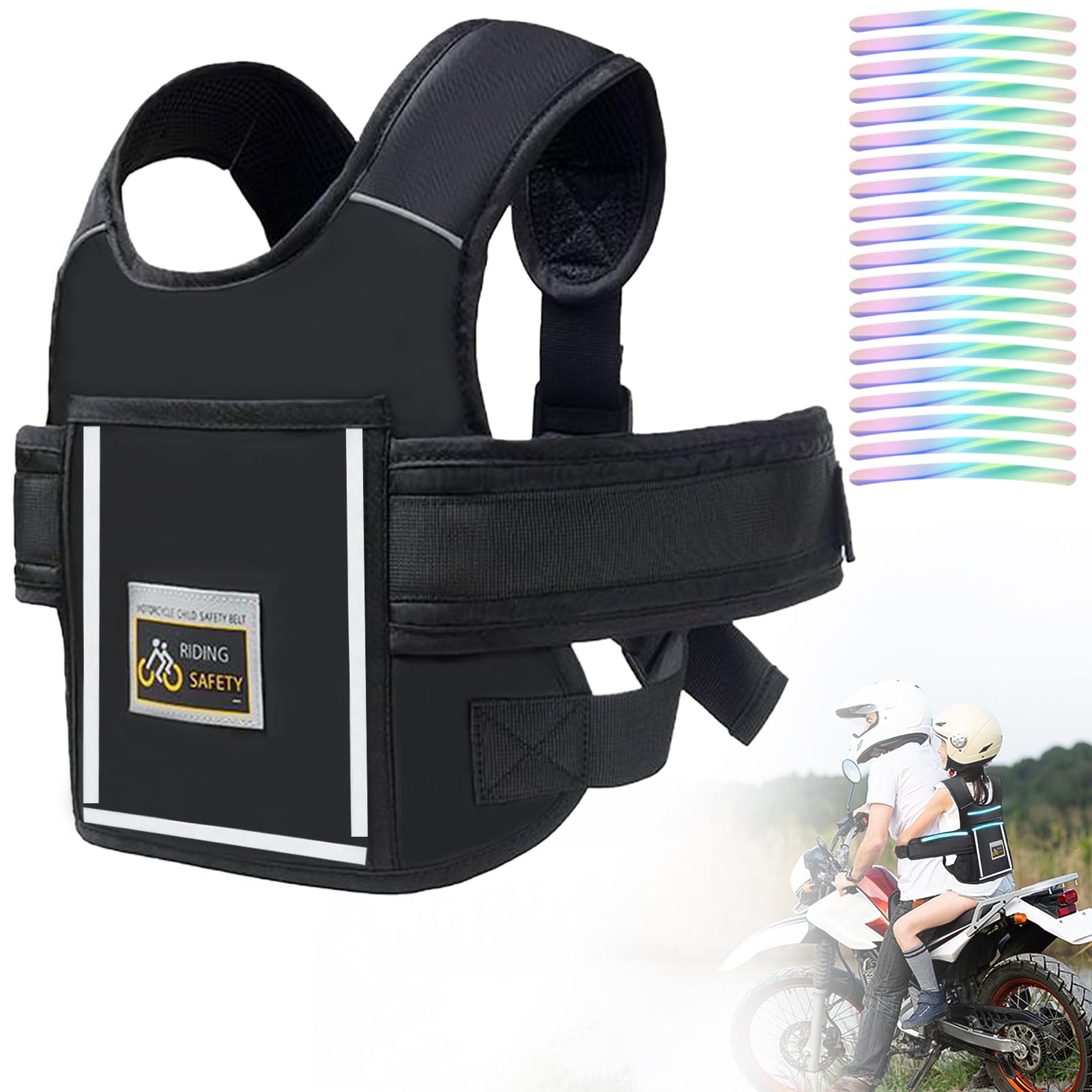 Cinturón de seguridad para motocicleta para niños, cinturón ajustable para moto, transpirable, con tiras reflectantes para niños entre 2 y 15 años