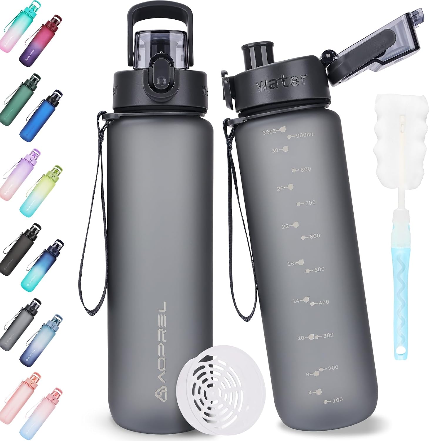 AOPREL water bottle 1l water bottle Sport Tritan & BPA-Free water bottle With filter and brush leak-proof sports bottle For fitness hiking camping school and office