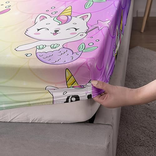 Miniatura 8 de Axolotl Kawaii - Juego de sábanas de unicornio y gatos, tamaño individual, juego de sábanas de dibujos animados de arco iris, juego de ropa de cama