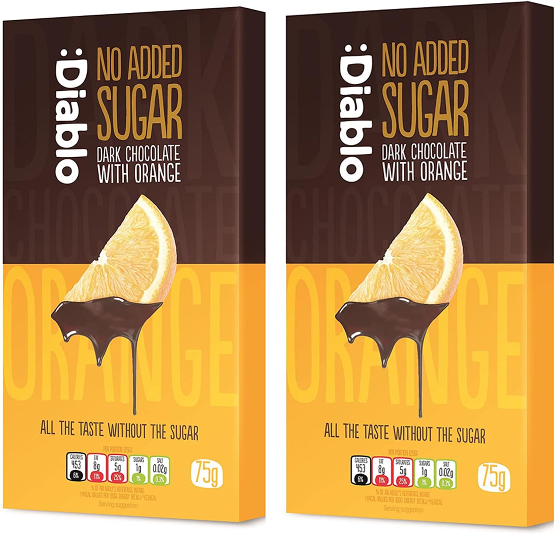 Diablo No Added Sugar Dark Chocolate with Orange – No Added Sugar Chocolate Bar, Sweetened with Stevia, Gluten Free, Ideal for Any Occasion, Birthdays, Valentines, or Gift Hampers, 75g (Pack of 2)