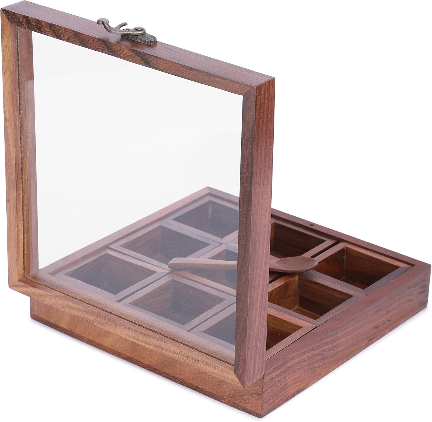 Ajuny Wooden Spice Box 9x9 Inch - Decorative Masala Dabba Organizer with Glass Lid, 9 Compartments & Spoon, Spice Storage Container, Ideal for Seasonings & Herbs, Perfect for Gift