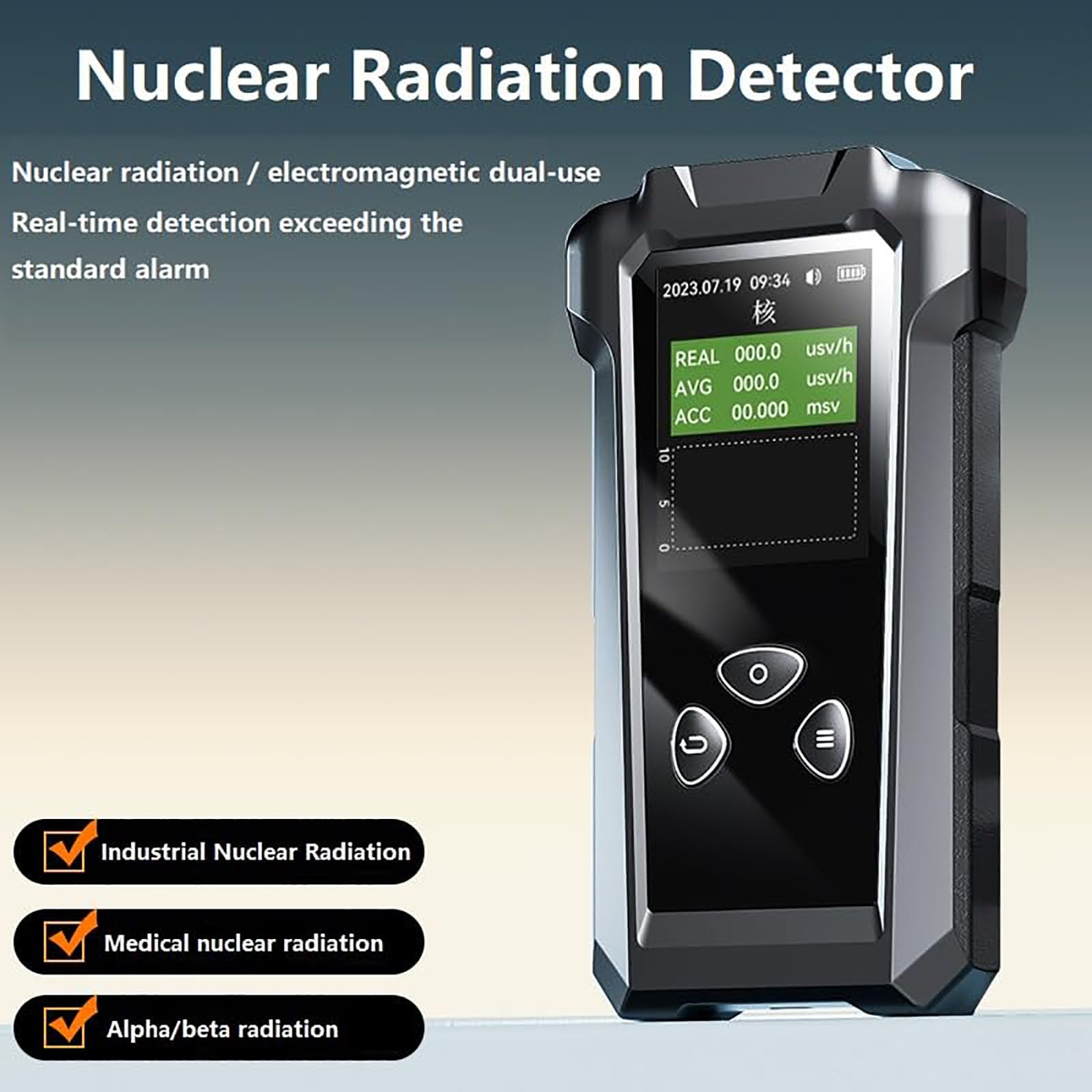 WeGoIOT Rilevatore di radiazioni nucleari ricaricabili da 2,4 pollici, doppio uso per radiazioni nucleari/EMF, rilevamento in tempo reale del superamento dell'allarme standard, quattro modalità di