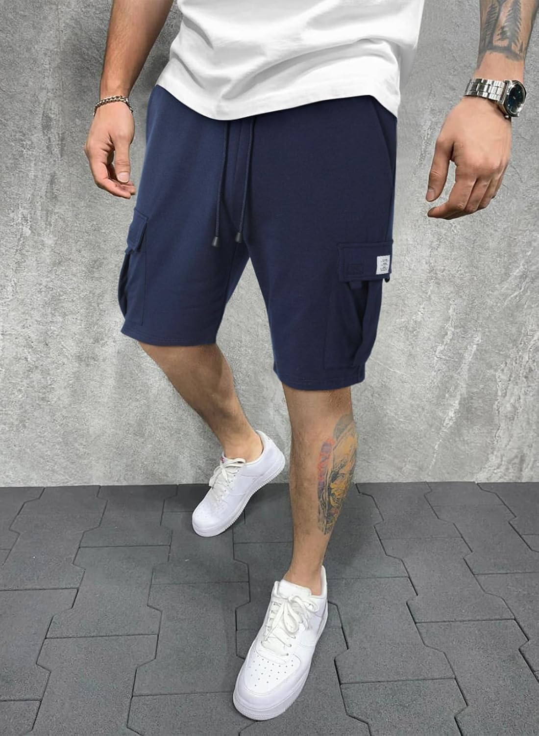 Q - RIOUS Pantaloncini cargo da uomo casual in cotone con coulisse elastica in vita atletica allenamento palestra jogger pantaloncini con 5 tasche
