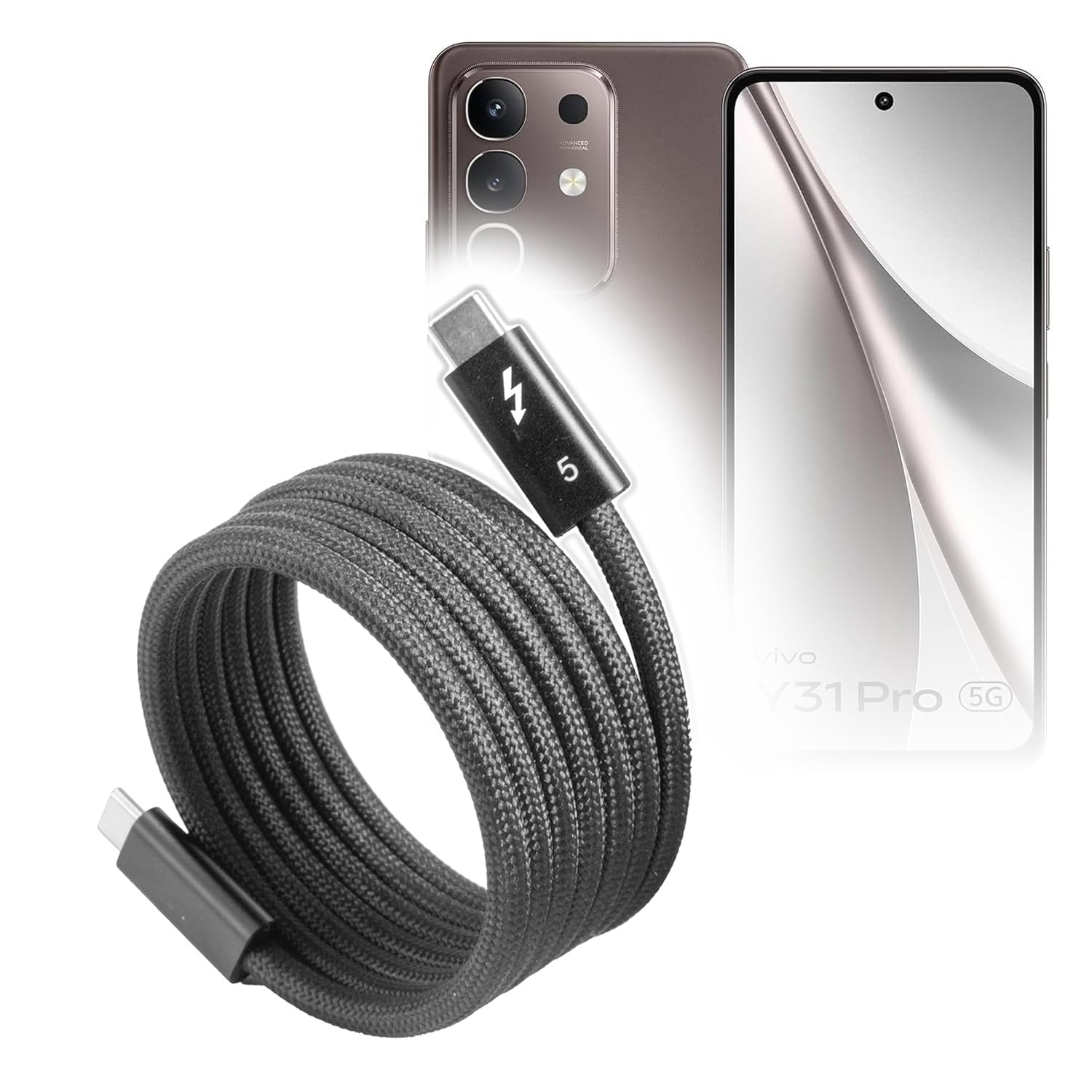 BoxWave Cable Compatible with vivo Y31 Pro - SnapWrap Thunderbolt 5.0 Cable (5ft 240W), Magnetic Self-Coiling Nylon Braided Retractable - Jet Black