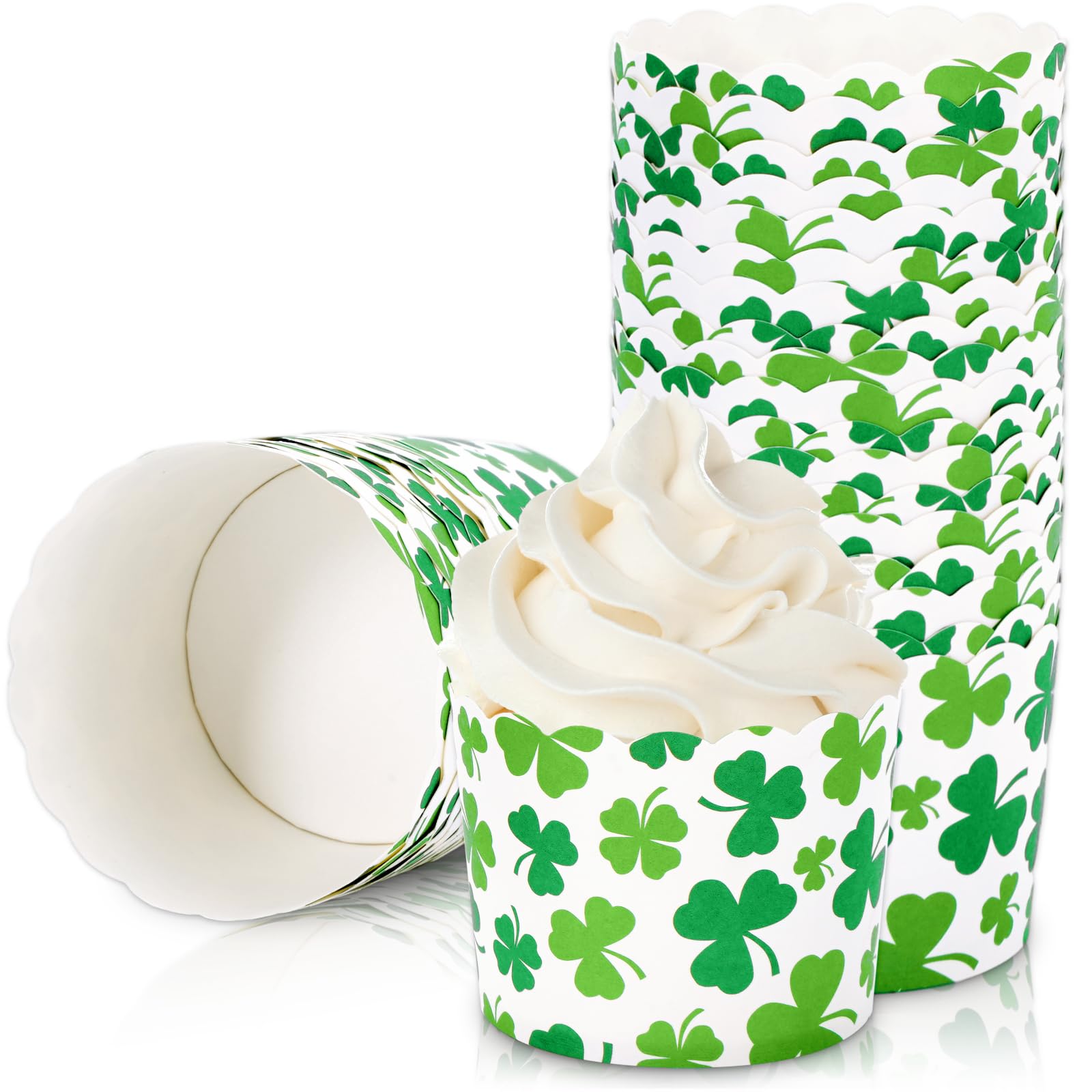 St. Patrick's Day Papier-Backförmchen – 100 Stück, Grün-weiß Kleeblatt, Gewellter Rand