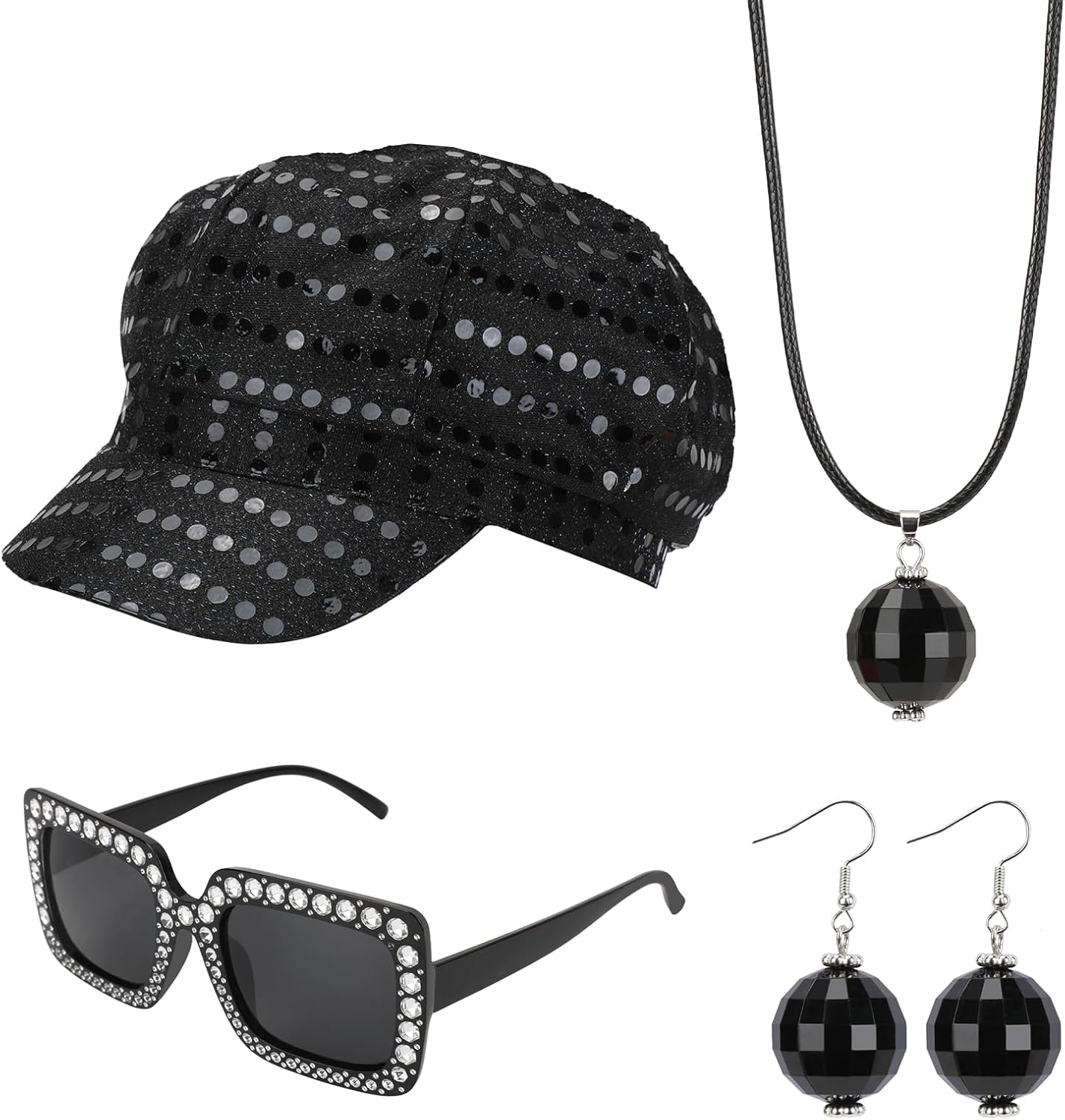 XEPST 4 PCS 70s Disco Costume Accessories Set with Sequin Hat Earrings Sunglasses Necklace Disco Fancy Dress Kit for Women Retro 70 80 Theme Party Costume, Black
