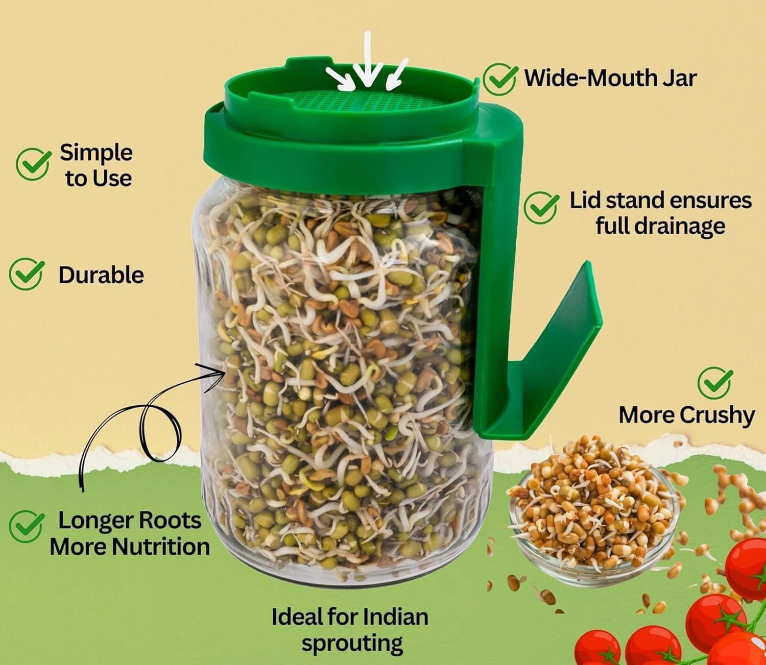 Clazkit Sprouts Maker Jar – Durable & Reusable Sprouter for All Seeds and Beans, BPA-Free with 232-Hole Mesh Lid for Airflow, Odor-Free, Easy Drainage, and Hygienic – Green — Amazon image 3