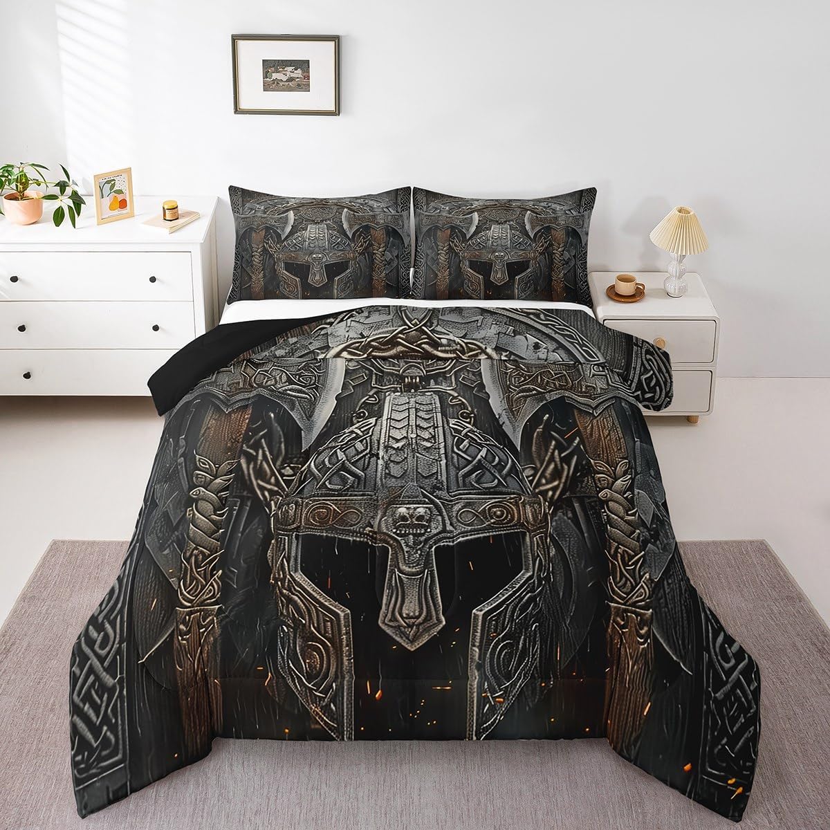 Erosebridal Ancient Viking Comforter Set Viking Warrior Twin Bedding Set for Kids Teen Adults,Black Double Battleaxe Bedding Comforter Sets Nordic Mythology Tribe Quilt Duvet 1 Pillow Case