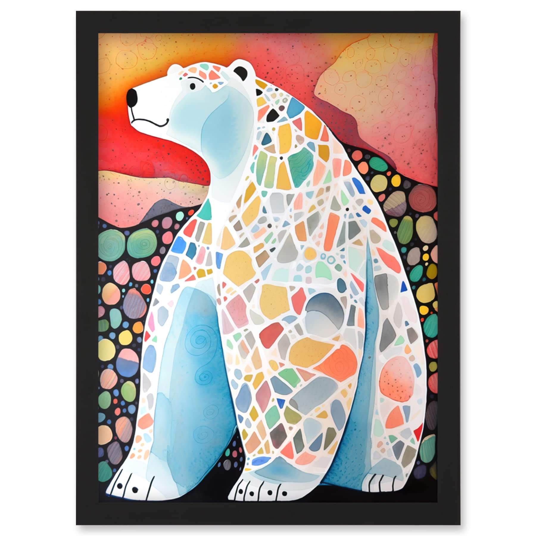 Artery8 Polar Bear With Mosaic Pattern Folk Art Artwork Framed Wall Art Print A4