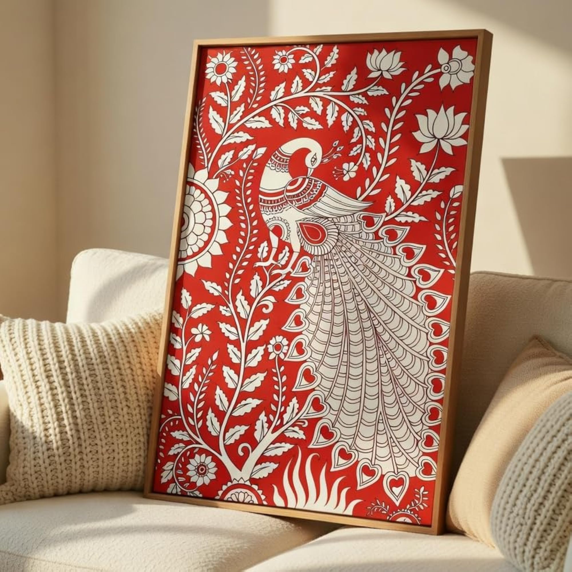 Folk Peacock Wall Painting with Wooden Frame