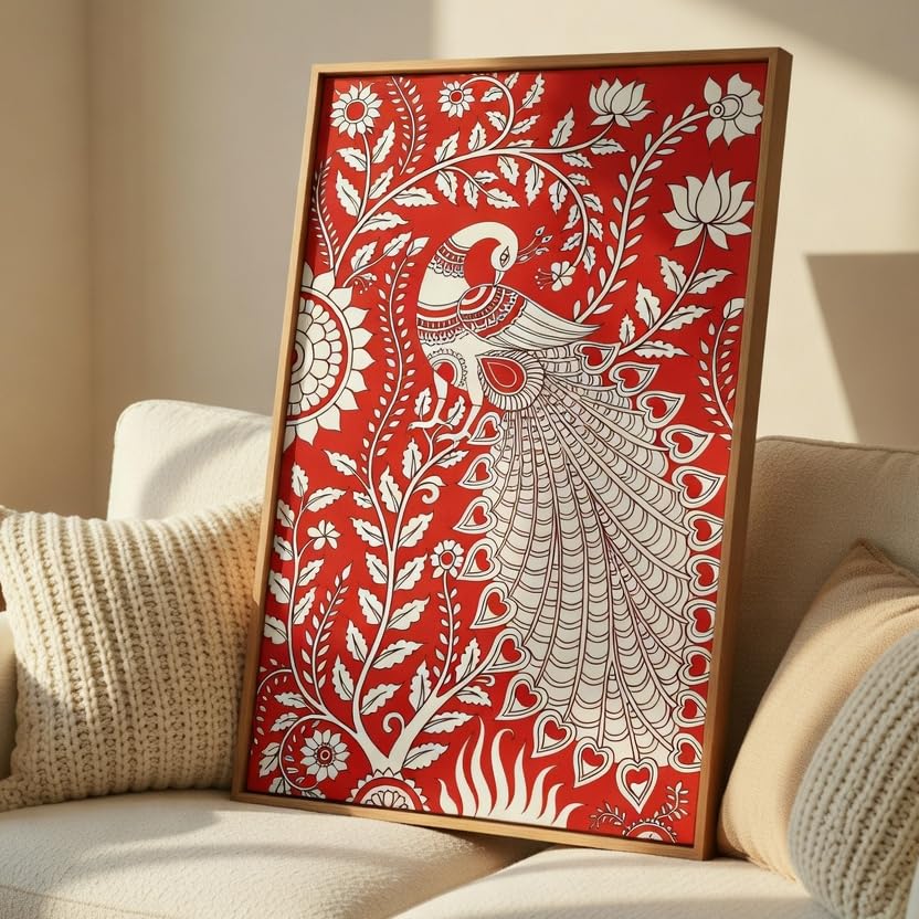 Image of Livin'luxe Folk Peacock Wall Painting with Wooden Frame | Traditional Peacock Floral Artwork HD UV Laminated MDF Wall Decor | Ethnic Bird Wall Art for Living Room Bedroom Decor