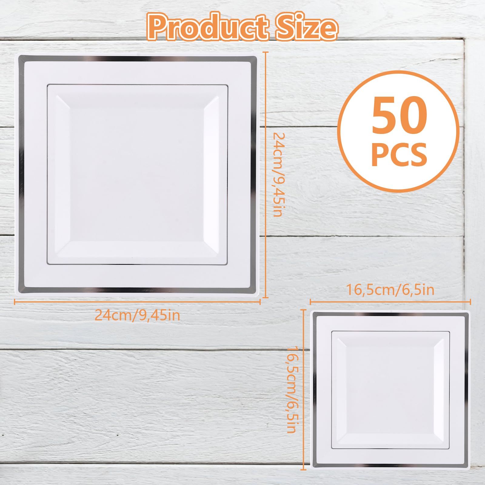 50 piatti rettangolari in plastica con bordo argento (2 misure, 16,5 x 16,5 cm/24 x 24 cm), riutilizzabili piatti da portata bianchi, carne, pesce, sushi, insalata, antipasti