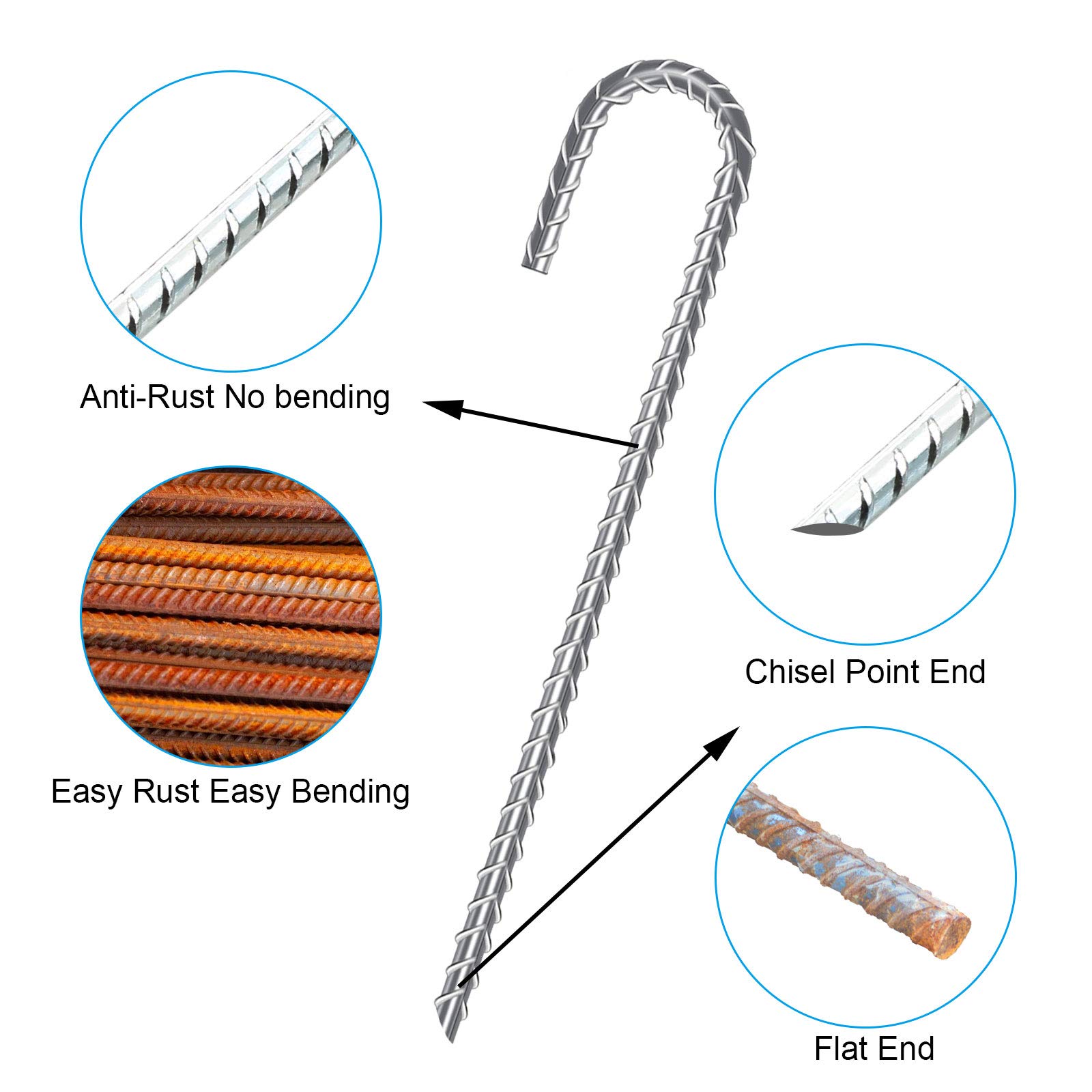 Set di 6 ganci a J neri, extra resistenti, lunghi 30,5 cm, picchetti in