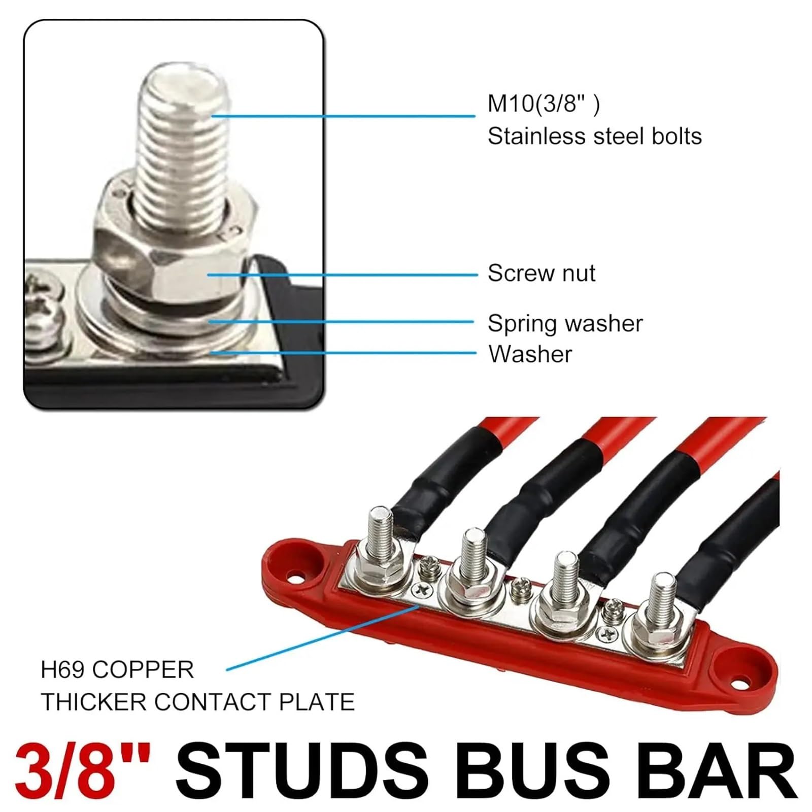 Barra colectora marina, bloque de distribución de energía de 12V 250A, bloque de conexiones de 4 postes, bloque de terminales de barra colectora de batería de cobre automotriz M8 M10 Bloque de distrib