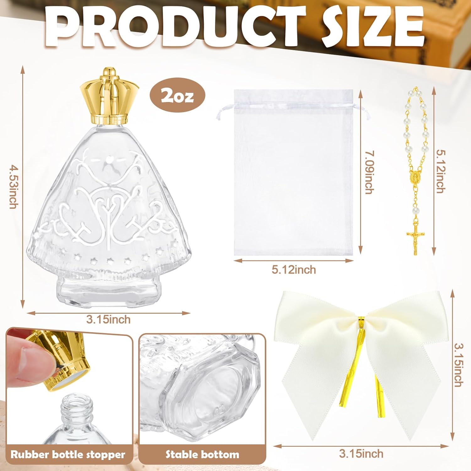 Chuangdi 24 Pcs 12 Sets Holy Water Bottles Baptism Favors for Guest Holy Water Container with Cross Rosary Organza Bag Bow 50ml Glass Empty Container for Communion Christian Wedding (Fresh,White)