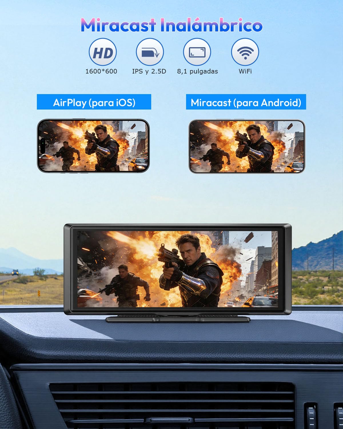 ESSGOO Pantalla Carplay Coche con Cámara Retrovisora,8 Pulgadas Apple Car Play Android Auto Inalámbrico,Pantalla Táctil Portátil Radio Coche con Bluetooth,Airplay,Mirror Link,FM,AUX,Siri,Navegación