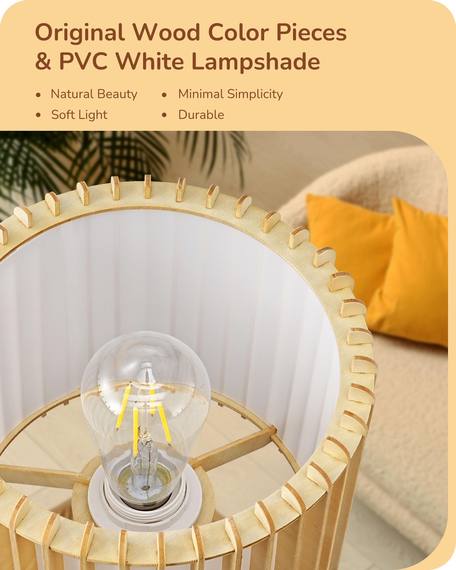 Lámpara de mesa pequeña de 14.17 pulgadas, lámpara de noche con trípode de madera, pantalla hueca de PVC blanco y madera natural, base E26, lámpara de mesita de noche bohemia para dormitorio, 2