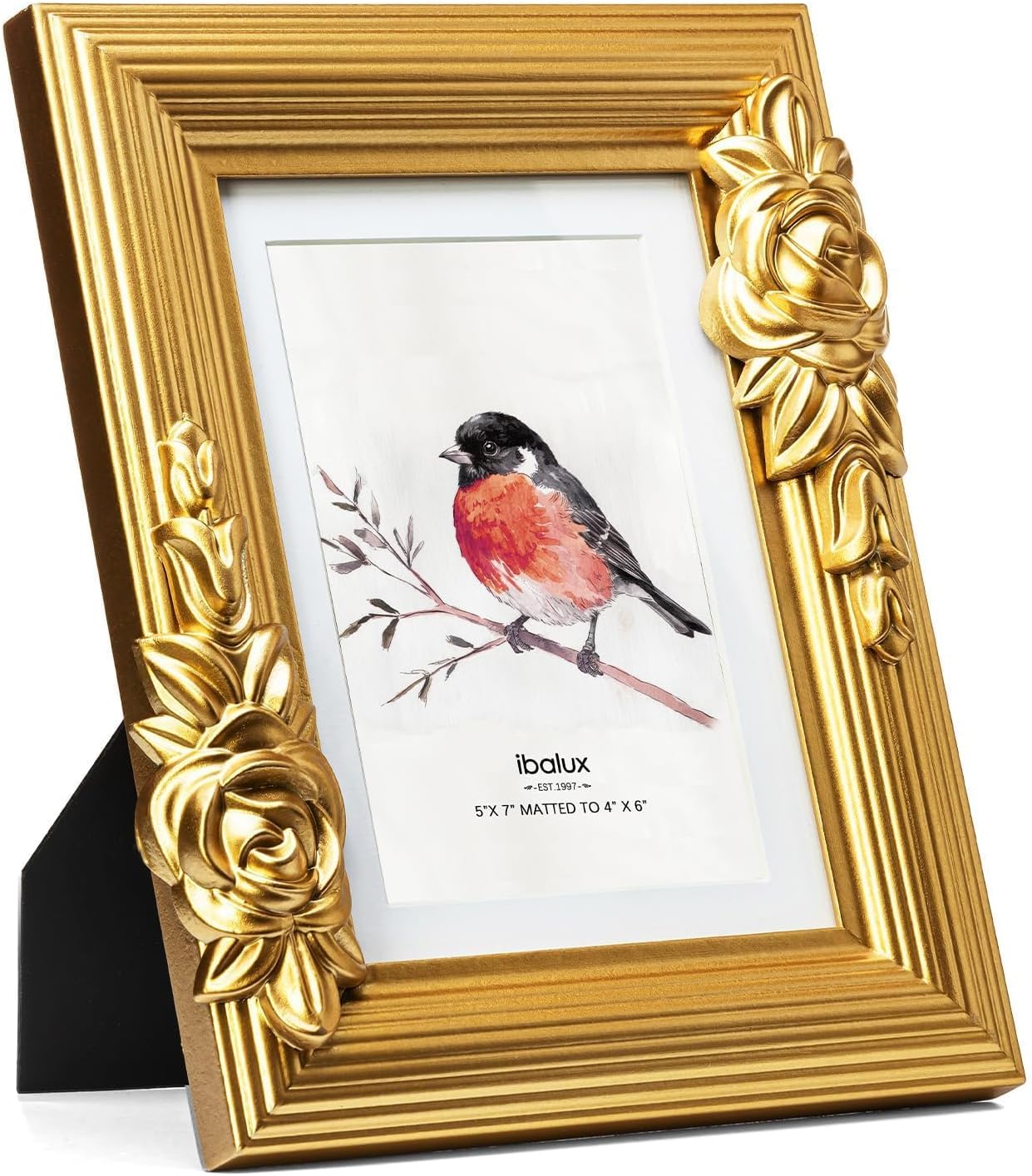 5x7 Gold Picture Frame, Solid Wood with Real Glass, Vintage Ornate Baroque Rose Flower Trim, Matted to 4x6, Vertical and Horizontal for Tabletop or Wall Hanging Photo Frame