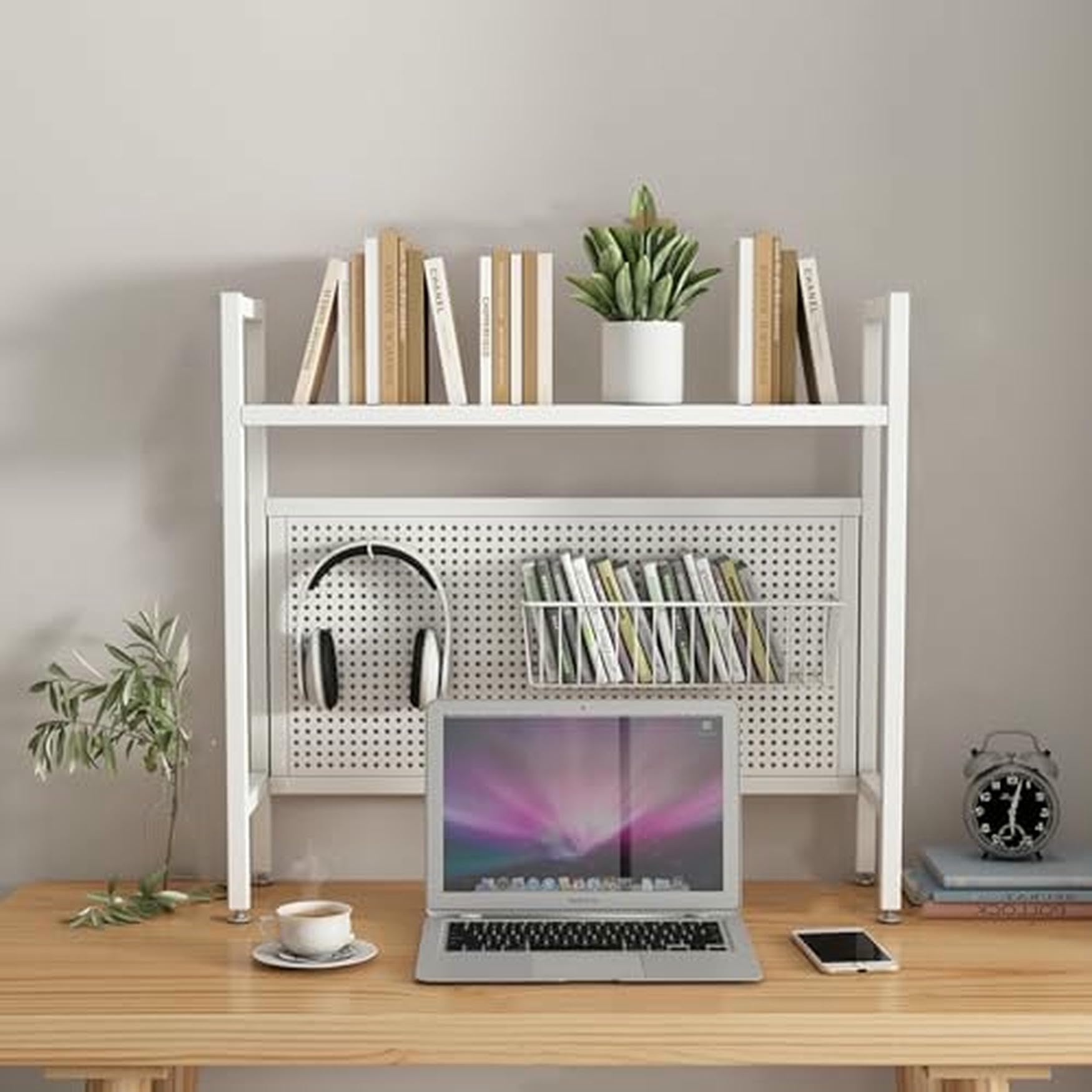 CWCQGH Black Desktop Hutch & Bookshelf - 95cm Student Pegboard Bookcase for Dormitory & Home Office - Computer Desk Storage Rack & Display, Single Layer Organization Solution,White Single Layer-75cm