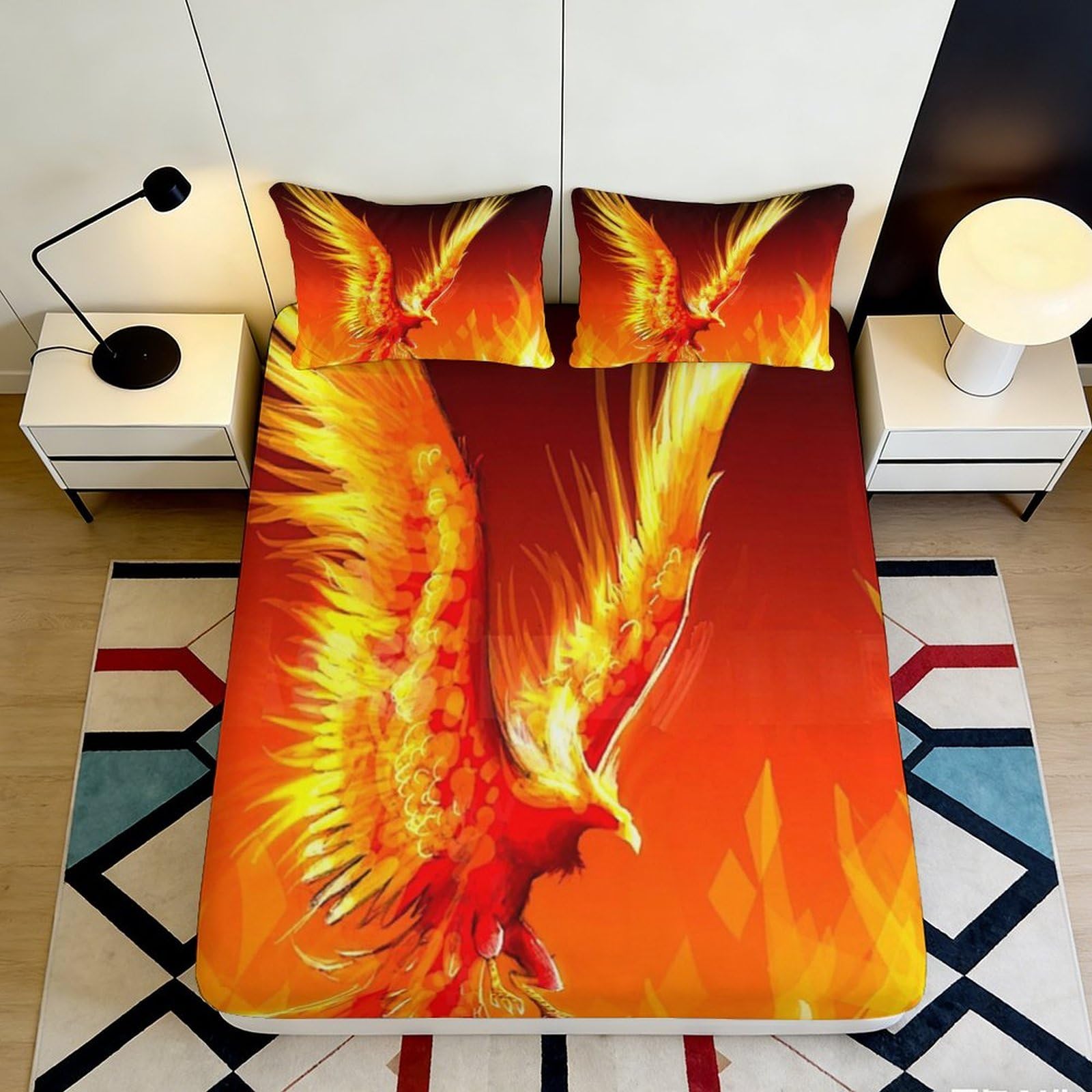 3D Printed Phoenix Fire Fitted Sheet Microfiber Soft Orange Yellow Flame Mattress Cover Bedroom Dorm Mattress Protector 160x200x25cm