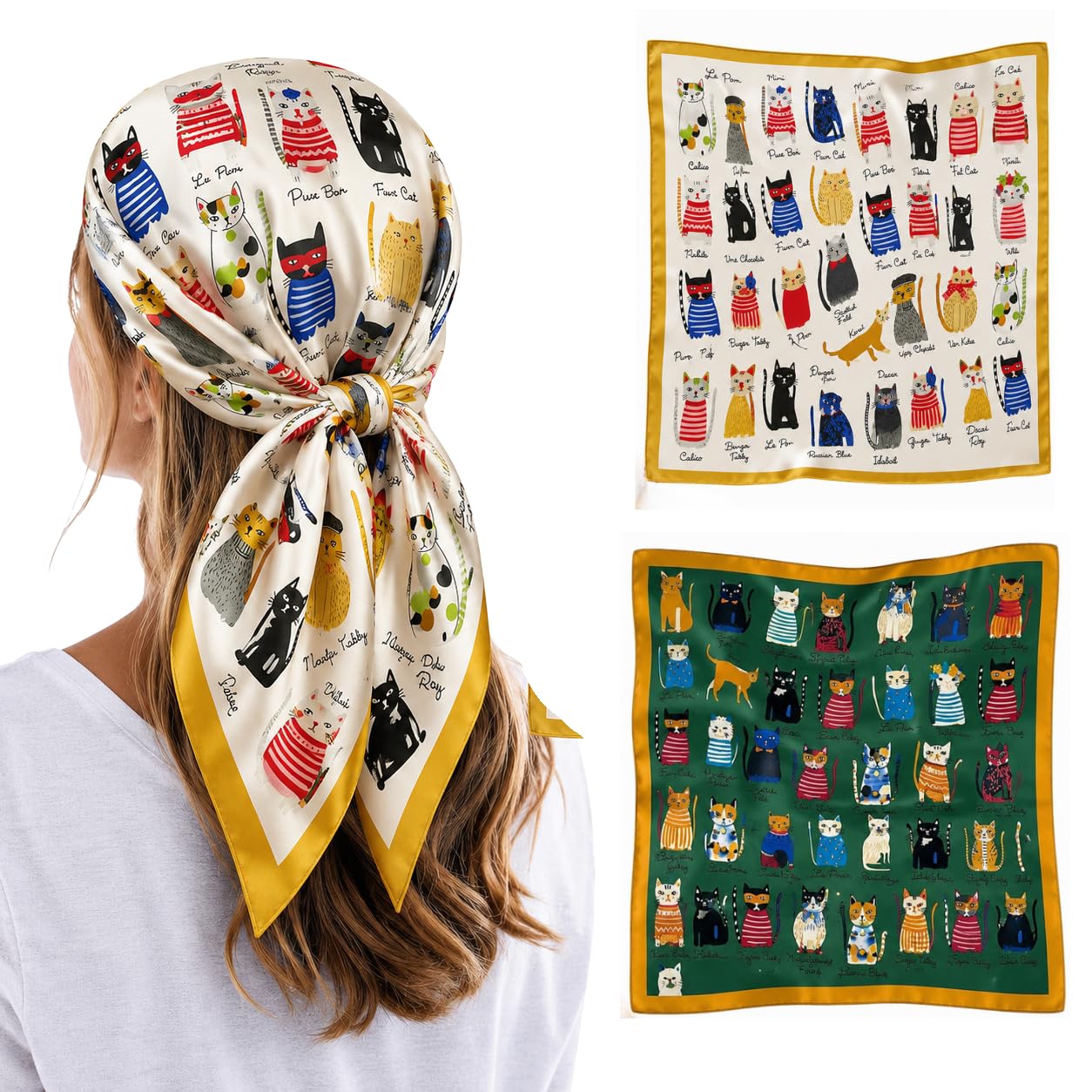 anshmjimn 2pcs Neck Head Scarf for Women Stylish Silk Hair Scarf Scarves with Vintage Prints for Sleeping, Travelling Hair Protection, and Multipurpose Styling (27 x 27 Inch)-picture-40
