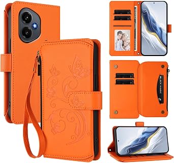 Wallet Case for Honor 400 Case with Lanyard Strap Card Slot Holder RFID Blocking Kickstand, Magnetic Flip Folio Zipper, Leather Shockproof Phone Cover Handbag Compatible with Honor 400 Orange