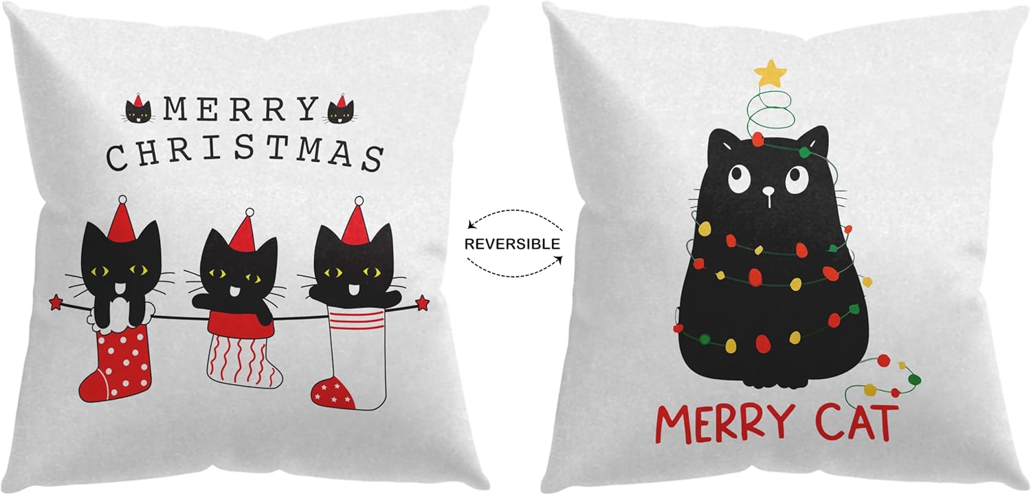 Knibeo Funny Cat Christmas Pillow Covers 18x18 Reversible