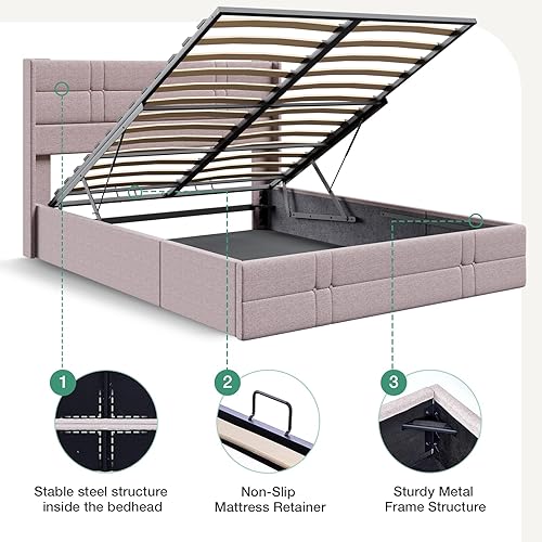 Miniatura 9 de Novilla Cama de almacenamiento elevada tamaño Queen, marco de cama tapizado con almacenamiento, no necesita somier, soporte de listones de madera,