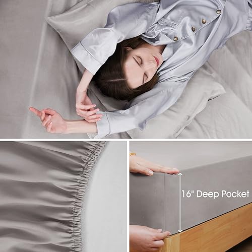 Miniatura 5 de Davids Home Juego de sábanas refrescantes 100 bambú tamaño King color gris sábanas de bambú orgánico con bolsillo profundo de 16 pulgadas juego de