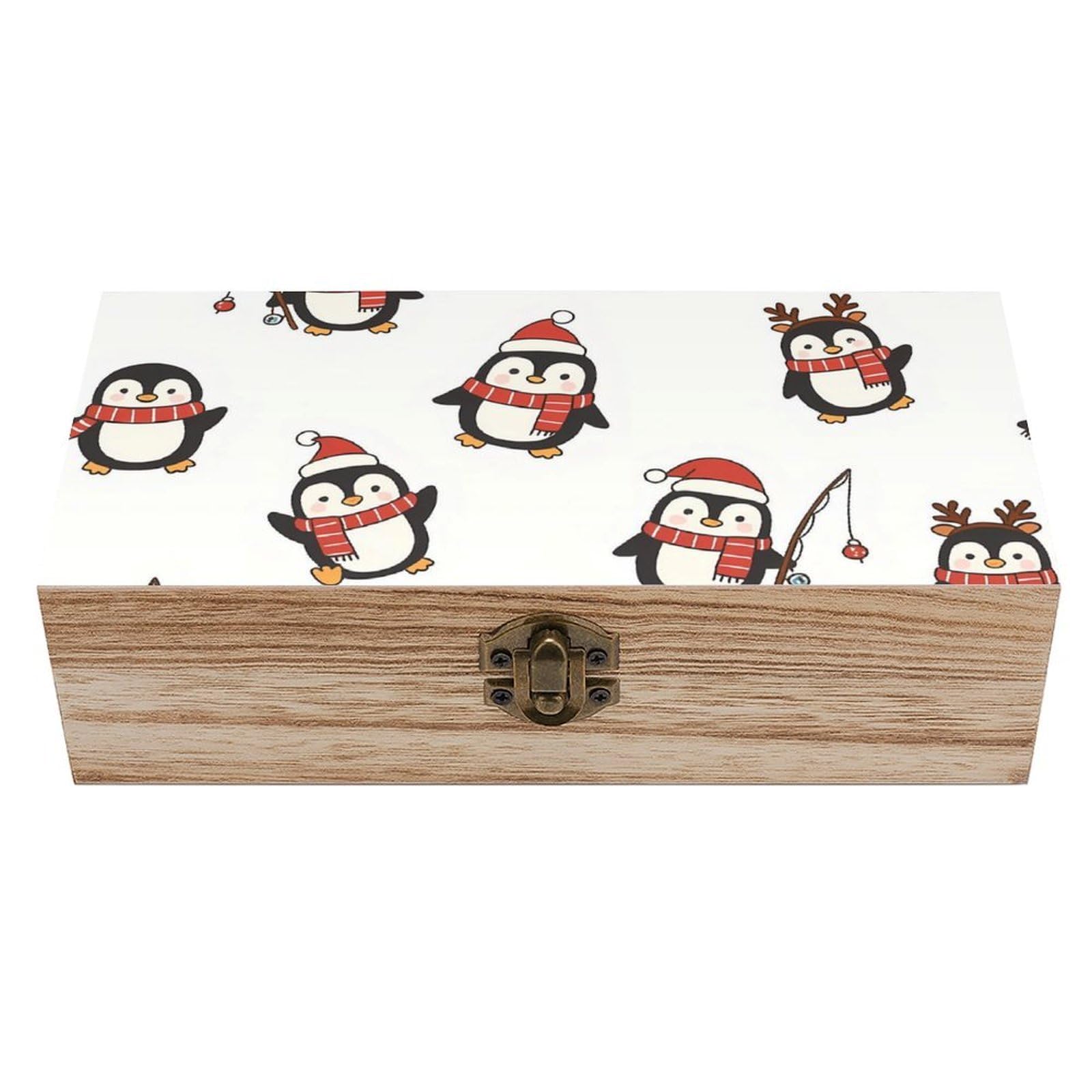 Oudrspo Christmas Penguins & Stripes Retro Wooden Storage Box Keepsake Jewelry Decorative Art Storages Box Gift Boxs