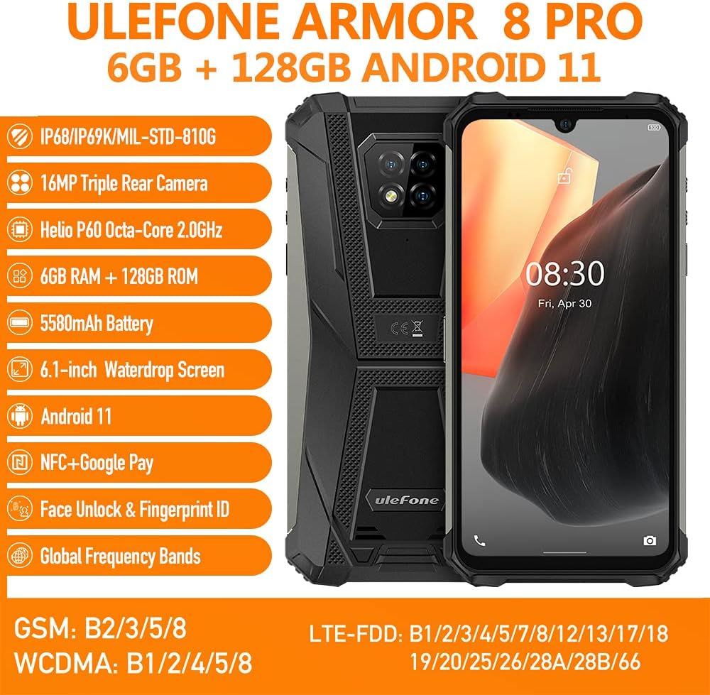 Discount Ulefone Armor 8 Rugged Smartphone Unlocked, Android 10 Helio P60 Octa-core 4GB + 64GB ROM Mobile Phone, 16MP Triple Rear Camera, 6.1 HD+ Display 5580mAh Battery Dual SIM 4G Rugged Cell Phones -Red
