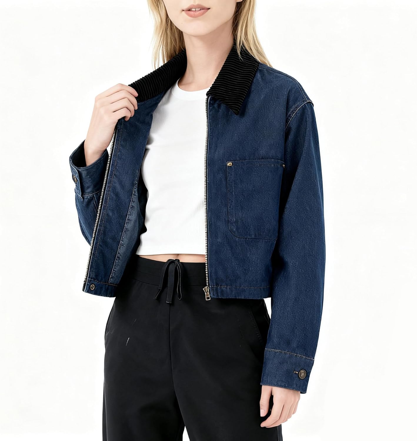 Womens Cropped Bomber Jacket Corduroy Collar Barn Coat Lightweight Utility Zip Up Cotton Canvas Workwear - Image 4