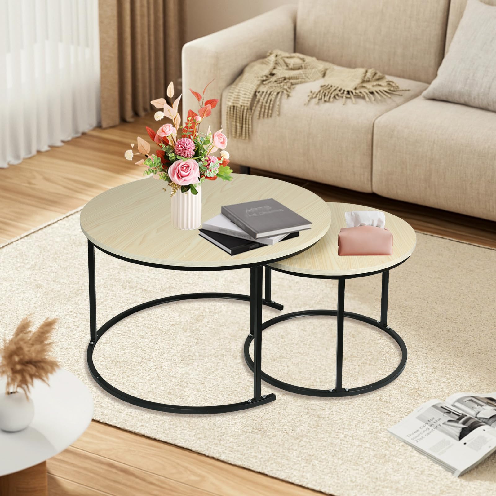LANTUS Couchtisch Rund, 2-teilig, Luxus Couchtisch Set, Ø70/50cm, Tisch, Coffee Table, Wohnzimmertisch, 2er Set, 70 x 70 x 45 cm (Naturholz + Schwarze