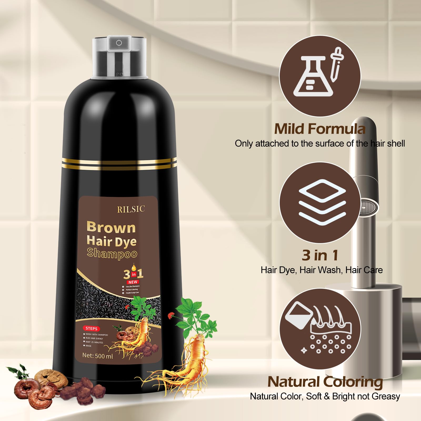500ml Champú Color Castaño Claro，Hair Dye Shampoo para Teñir Canas Mujer Negro,Champú para Cabello Negro Instantáneo Champu Colorante Tinte para Hombre y Mujer