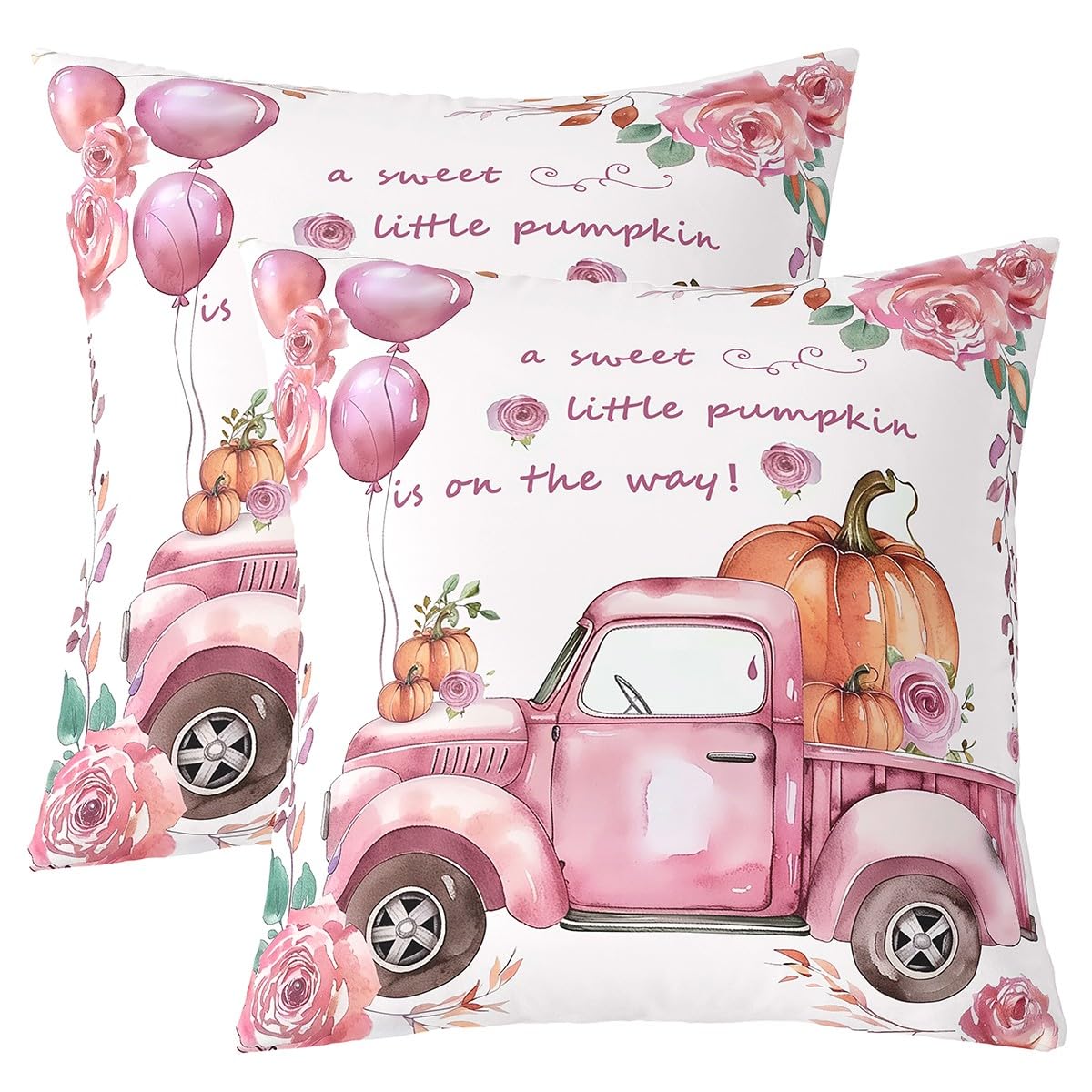 Manfei Pink Truck Throw Pillow Covers (Pack of 2),Fall Pumpkin Cushion Cover for Kids Boys Teens Watercolor Flower Leaves Pillow Cases Rustic Farmhouse Living Room Sofa Bed Decor,20" Lx20 W — image 1
