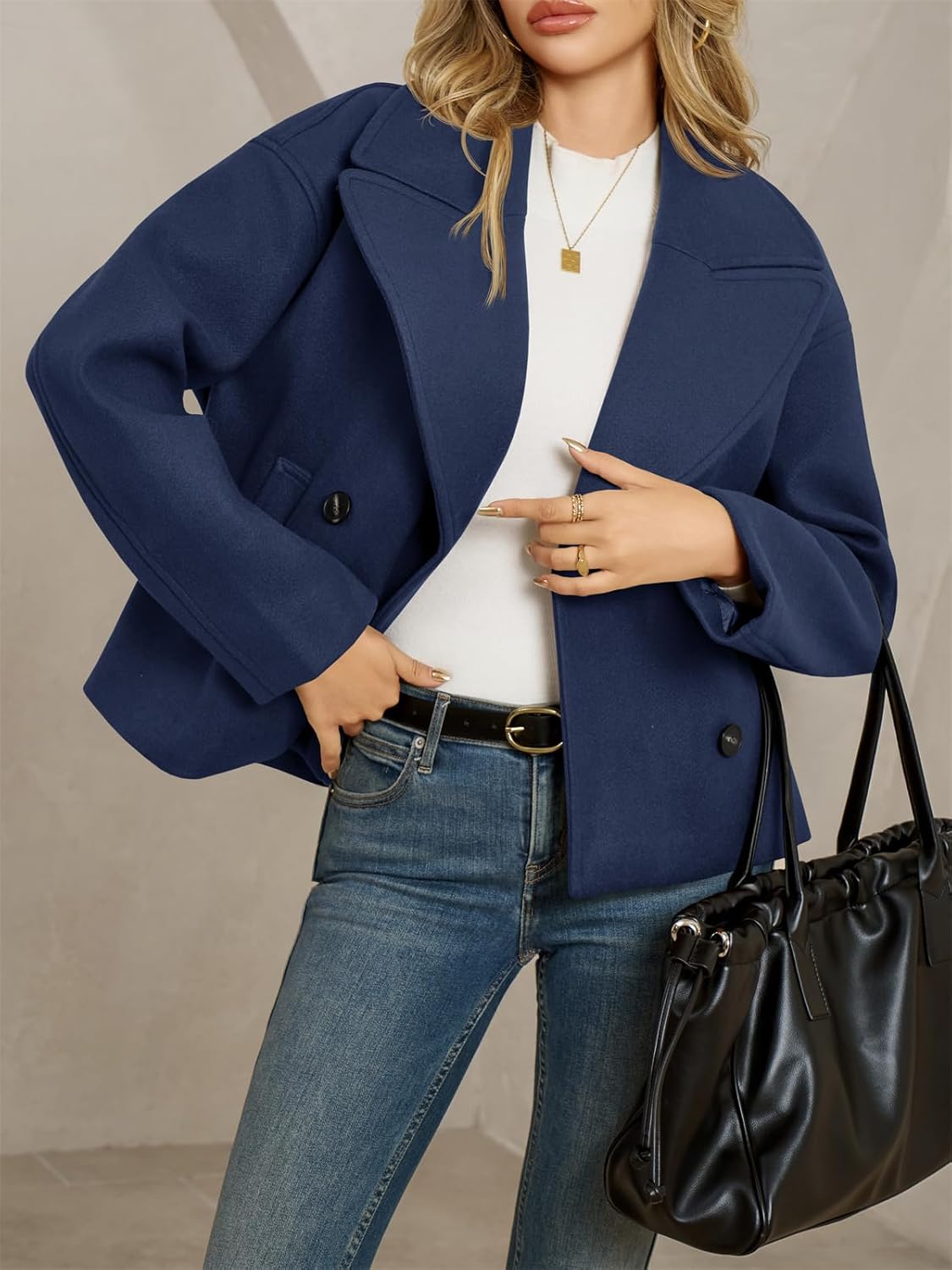 Tankaneo Womens Cropped Wool Blend Pea Coat Casual Long Sleeve Double Breasted Notched Lapel Overcoat Jackets - Image 6