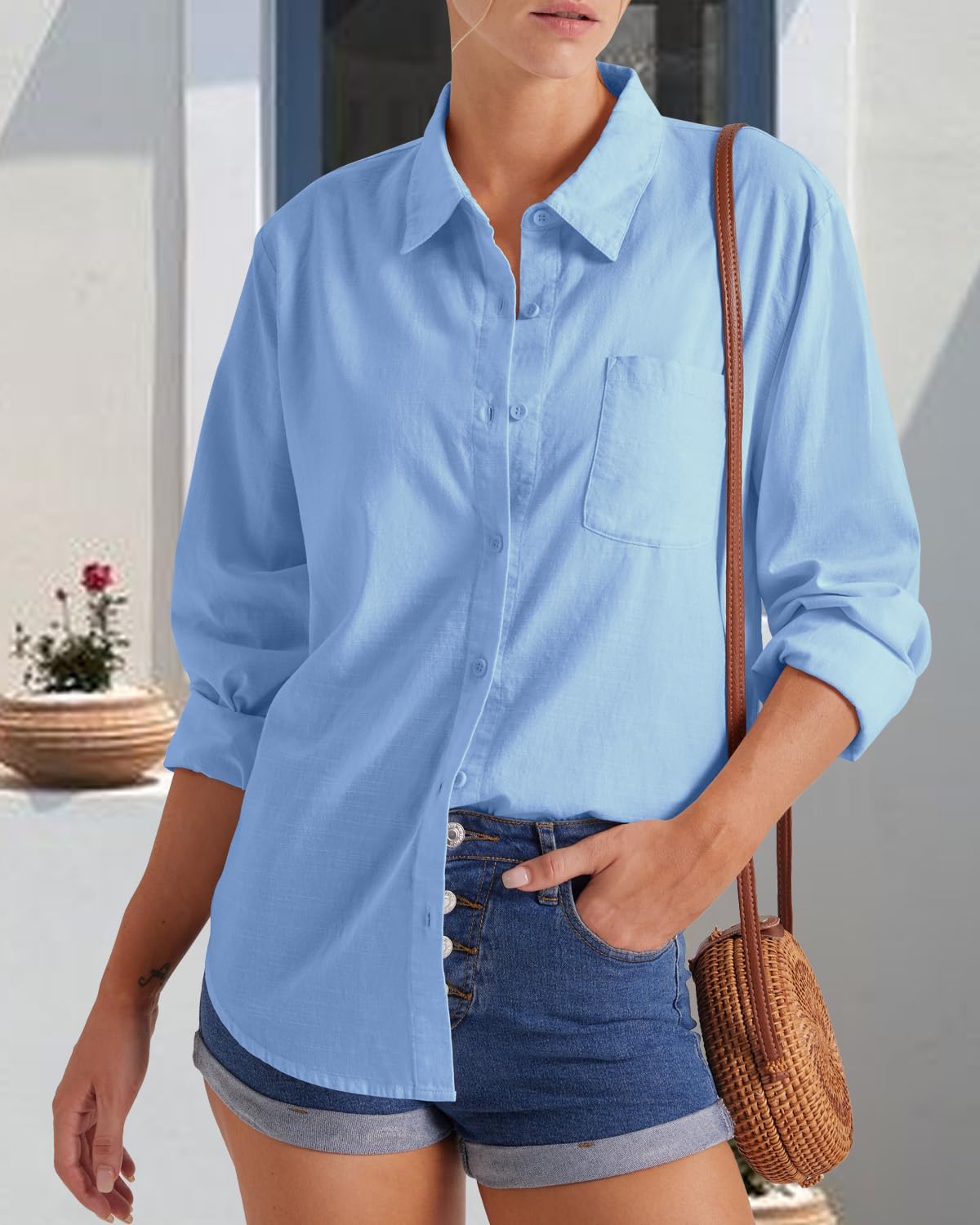 Womens Summer Linen Shirts Casual Button Down 2026 Long Sleeve Cotton Top Blouse Shirt with Pocket - Image 3