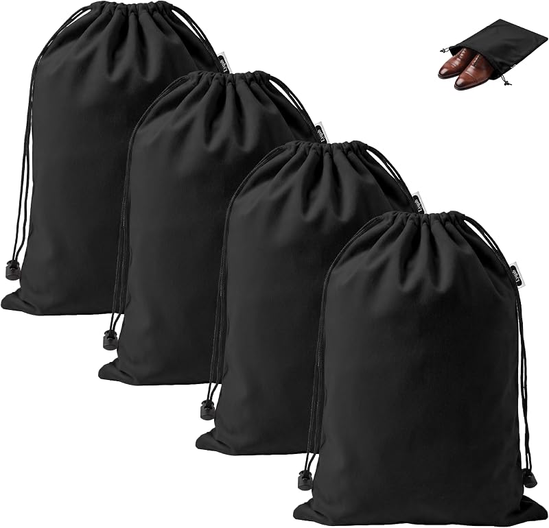 Bolsas para zapatos de viaje, paquete de 4 bolsas grandes de franela con cordón (negro) | Tela de franela suave, 17,7 x 13,8 pulgadas, se adapta a hombres de hasta 13 años, se puede lavar a máquina