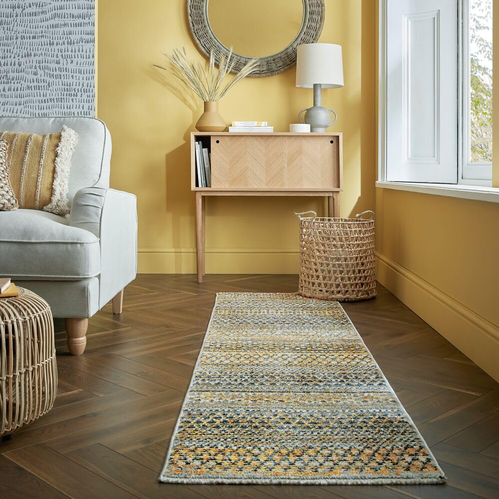 Tapis de Passage Motif Rayé Dense et Robuste Jaune Moutarde 60 x 230 cm Salle à Manger | PERRAN