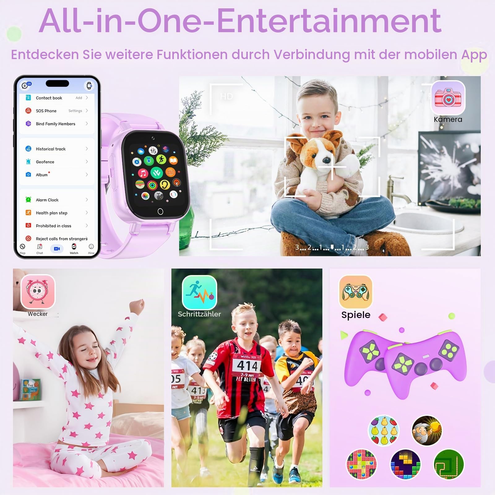 4G Smartwatch für Kinder mit GPS Tracker, 4G Telefon, SOS Notruf, Wecker, Schulmodus, Schrittzähler, Puzzle-Spiele, Kinderuhr Geschenk für Jungen Mädchen 4-12 Jahre (Lila)