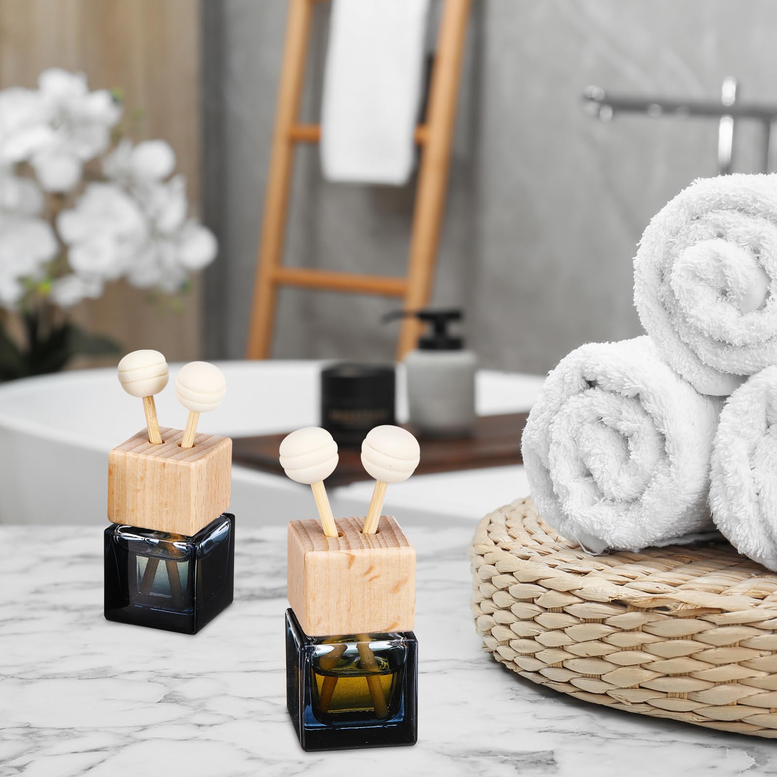 Zubebe 100 szt. Butelki z dyfuzorem samochodowym, pusta butelka z dyfuzorem olejków eterycznych, szklana butelka na perfumy z klipsem wentylacyjnym, drewniana nakrętka i patyczkiem do samochodu