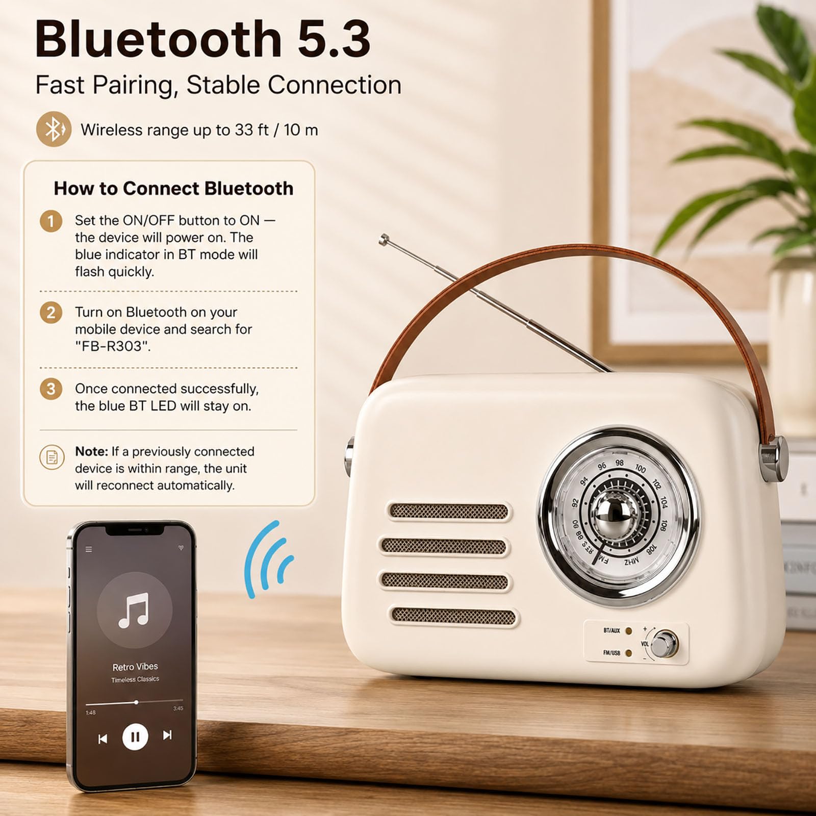 Vintage Bluetooth Lautsprecher mit FM Radio - Tragbare Wireless Boom Box, 4 in 1 Sound (Bluetooth/FM/AUX/USB), Satte Bass, für Zuhause, Büro, Camping & Geschenke (Beige)