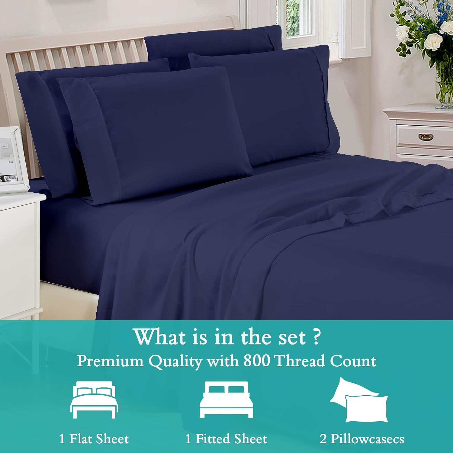 Cal-King 4 Pc Sheet Set 800 TC Egyptian Cotton Sheets for Cal-King Size Bed Sateen Long Staple Deep Pockets Flat Fitted Pillow Case Better Than Percale Hotel Quality Navy Blue
