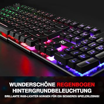 Rii Gaming Keyboard PC PS4 Keyboard USB Rainbow Illuminated Keyboard LED Gaming Keyboard Ideal for Gamers Office (German Layout)