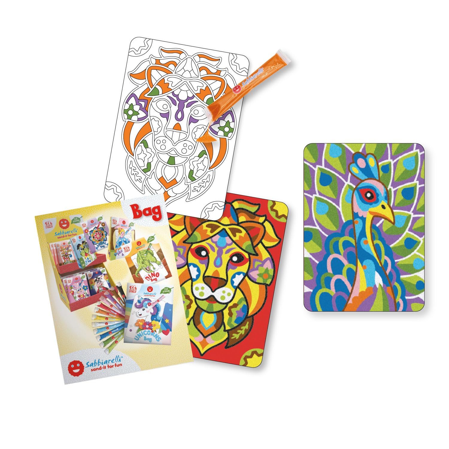 Sabbiarelli Sand-it For Fun - Bag Fantastic Animals - Mini Set Lavoretti Creativi: Colora con la Sabbia i disegni degli animali fantastici, 12 colori, Regalino Bambini Anni 8+